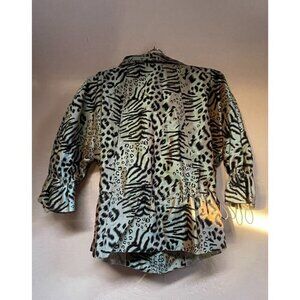 LINDI Womens Small Animal Print Peplum Jacket 3/4 Sleeve Drawstring Zip Lined